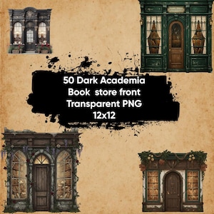 Puede incluir: Un collage de cuatro ilustraciones de fachadas de librerías antiguas. Las fachadas presentan ventanas arqueadas, puertas de madera y adornos florales. La imagen incluye el texto "50 Dark Academia Book store front Transparent PNG 12x12".