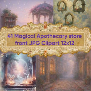 Puede incluir: Ilustración digital de una tienda de boticario mágica. La imagen incluye un marco decorativo con el texto "41 Magical Apothecary store front JPG Clipart 12x12". La obra de arte muestra varias escenas con botellas de pociones y elementos arquitectónicos.
