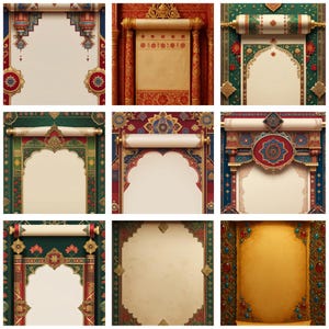 May include: Nine ornate scroll designs with intricate patterns in red, green, and gold. Each design features a central archway and decorative borders. The scrolls have a vintage, antique aesthetic, suitable for invitations or announcements.