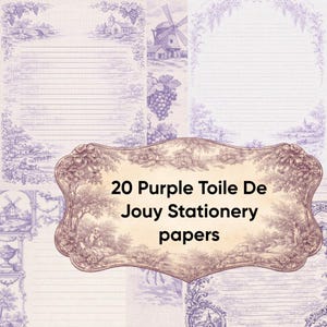 May include: A collection of 20 purple Toile de Jouy stationery papers. The papers feature a lavender and white design with illustrations of windmills, grapes, and pastoral scenes. The papers are lined and have decorative borders.