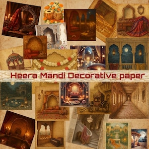 Könnte beinhalten: Eine Collage digital erstellter Bilder mit indischem Thema. Die Bilder zeigen verzierte Torbögen, mit Kerzen beleuchtete Räume und traditionelle Musikinstrumente. Der Text "Heera Mandi Decorative paper" wird in der Mitte angezeigt.