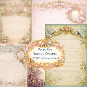 Peut inclure: Ensemble de 69 papiers à lettres sur le thème Rococo Dreams. Les papiers présentent des cadres dorés ornés, des compositions florales et des couleurs pastel. La conception comprend des images d'oiseaux, de détails architecturaux et d'éléments décoratifs.
