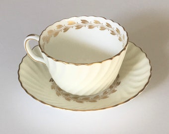 Vintage Minton gold leaves pattern set of 2 fine bone china made in England pair of Teacups and Saucers mid century