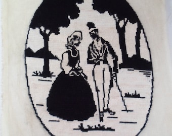 Vintage Sweet Needle Point Black and Cream Silhouette Couple with Trees wall hanging piece Royal Paris grand millennial decor