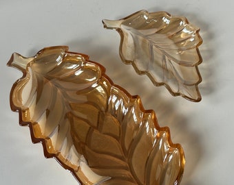 vintage carnival glass dish leaves dish dishes SET of 2 large and small Marigold color table decor jewelry dish