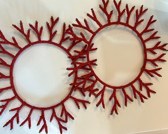 vintage beaded red  coral plate charger Sealife wall decor Mermaid  coral crown supplies SET of 2