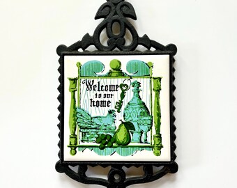 Vintage trivet Action  Lobeco  Welcome to our home  Tetro tile and metal decor Kitschy unusual kitchen Cherry  made in Japan