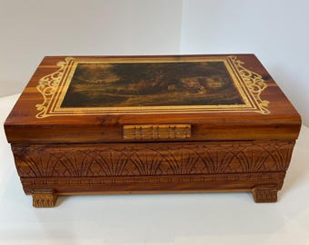 Vintage Cedar wooden jewelry box small storage box wooden container pastoral  farm scene carved sides