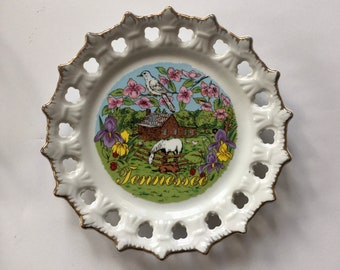 Vintage Tennessee souvenir state dish The Volunteer state   plate state plate ceramic souvenir dish plate gold trim pierced edge collectible