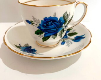 Vintage Dutchess bone china teacup and saucer Blue roses gold trim made in england  Teacup and Saucer grand millennial