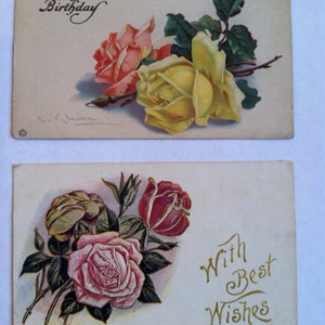 Antique  happy birthday postcards with pretty pink and yellow roses for junk journals greeting cards collage pieces Set of 2 early 1900s