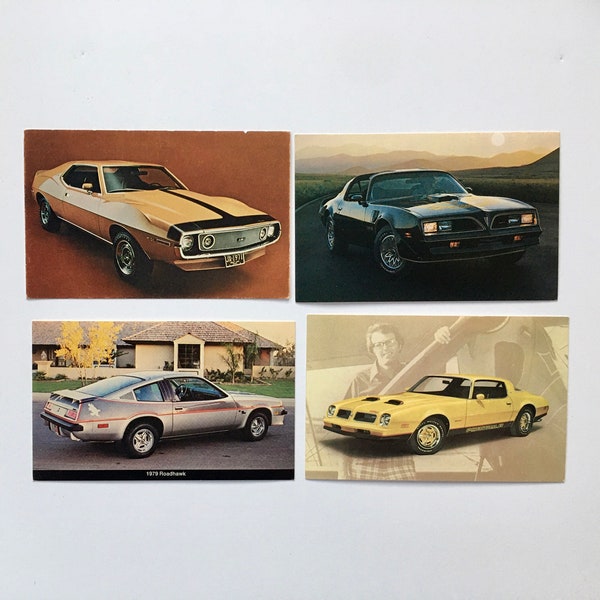 Vintage 1970s Pontiac firebird formula car Roadhawk Javelin AMC  auto postcard SET of 4 Car Auto  Dealer Advertising postcard ephemera