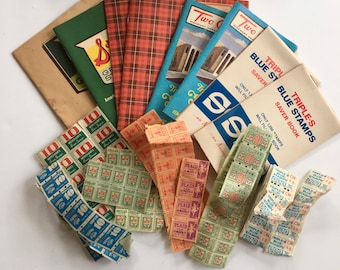 Vintage S & H green stamps plaid stamps books and loose stamps two guys stamp book ephemera collage supplies junk journal lot assortment