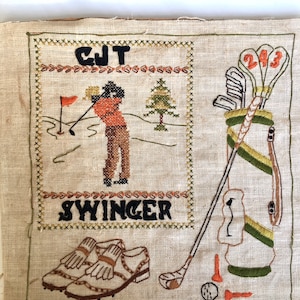Vintage cross stitch black golfer Swinger Golf Shoes Golf bag wall Decor Golf Fan handmade stitchery