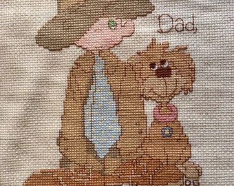 Vintage COMPLETED counted Cross stitch Fathers Day for dad says you suit me perfectly boy in suit with dog wall decor