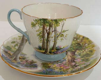 Vintage Shelley England Fine bone China Woodland pattern  china  Teacup and Saucer  Landscape tea set