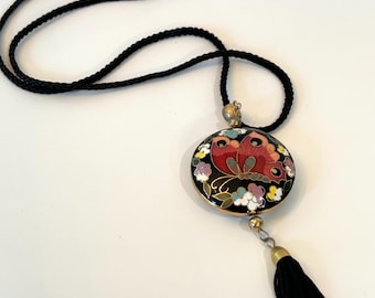Vintage colorful cloisone butterfly round disk necklace with black  tassel women’s braided necklace accessories