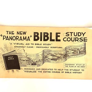 May include: A spiral-bound booklet titled The New Panorama Bible Study Course. The cover features a black Holy Bible illustration with a long, winding graphic timeline of historical events, printed in black ink on a light cream-colored paper.