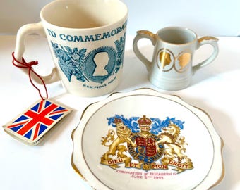 British Royalty set of 3 Queen Elizabeth 11 Coronation dish June 1952   princess Di little cup Silver Jubilee 1972 tea cup made in England