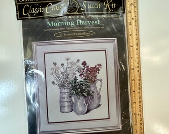 Vintage cross stitch kit by  cross My Heart called  Morning Harvest kit diy grey country pitchers  vases and wild flowers stitchery kit