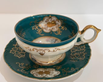 Vintage Teal and Gold with vintage couple  pattern bone china  Teacup and Saucer flowers with glorious color hand painted Japan tea set