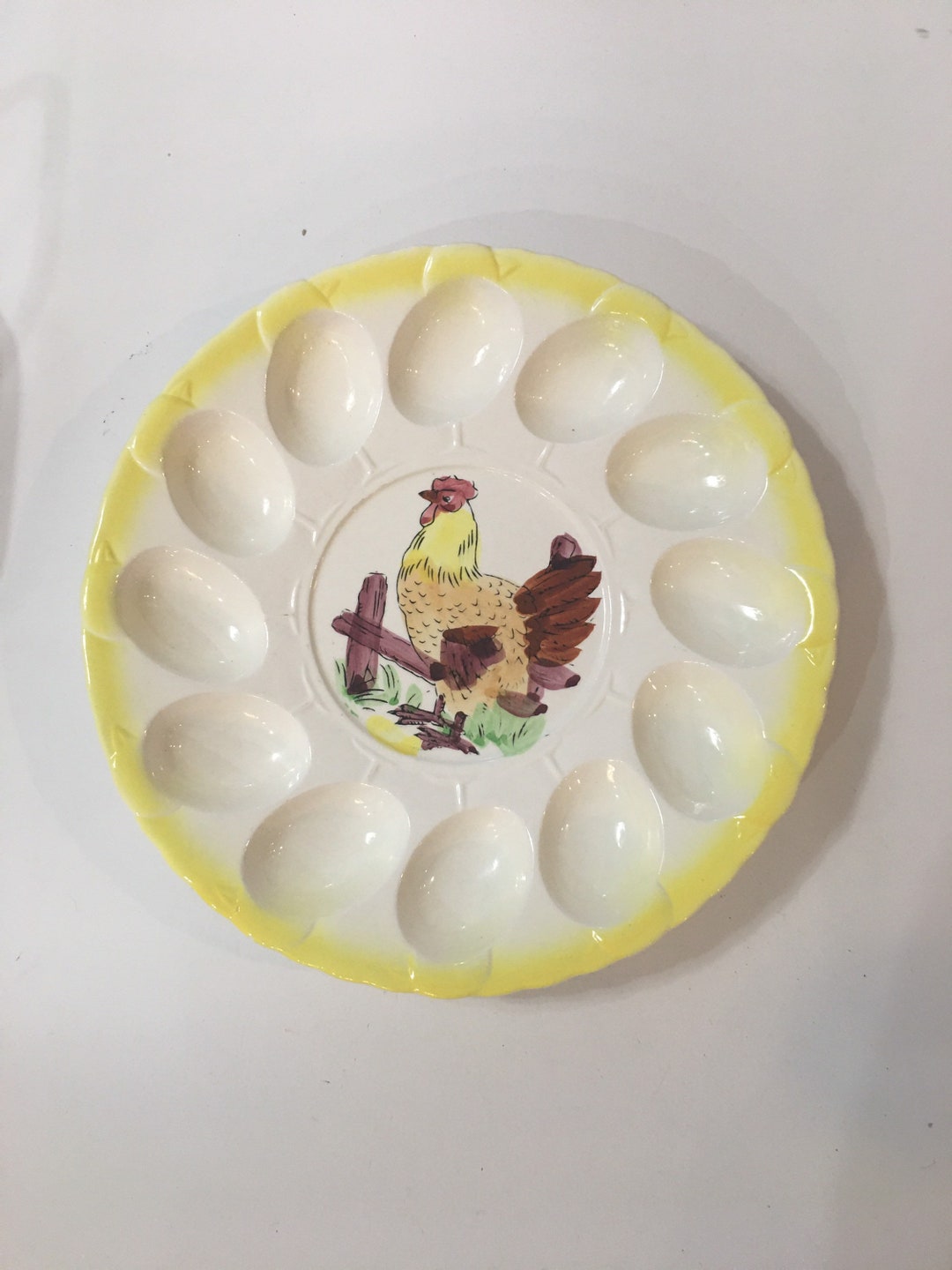 Vintage Deviled Egg Dish With Yellow Trim and Rooster Chicken Plate