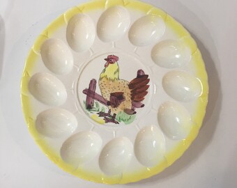 Vintage  deviled egg dish with yellow trim and Rooster chicken plate dozen eggs holder