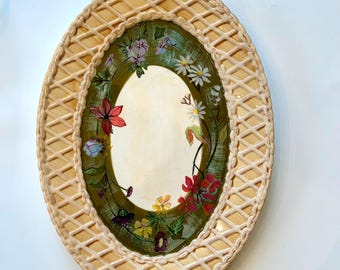 Vintage Tracy Porter Alouette collection large handled ceramic tray with flowers and basket weave trim home decor plates