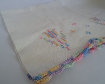 Vintage Tea towel with multi pastel crochet edge and tulip cross stitch