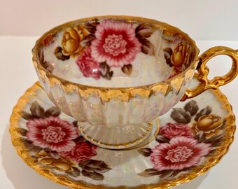 Vintage Rose and Gold handpainted Fancrest fine China pattern bone china  Teacup and Saucer with  Peony rose  flowers Japan  iridescent