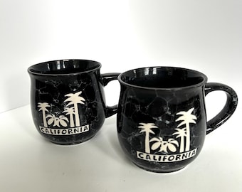 Vintage  California Souvenir   retro coffee mugs cups  Palm tree  graphics black   bubble glaze Set of 2 mugs