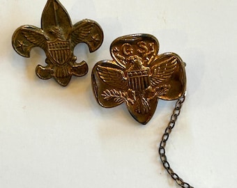 vintage Girl Scoot trefoil Brownies Pin with tiny chained brownie and Boy Scout Pat 1911 Pin Girl Scout jewelry accessories Brownie Badge