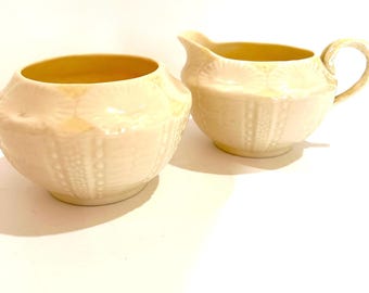Vintage Bellleek Ireland Bone china sugar bowl and creamer pitcher yellow shell Set Coastal tea party decor