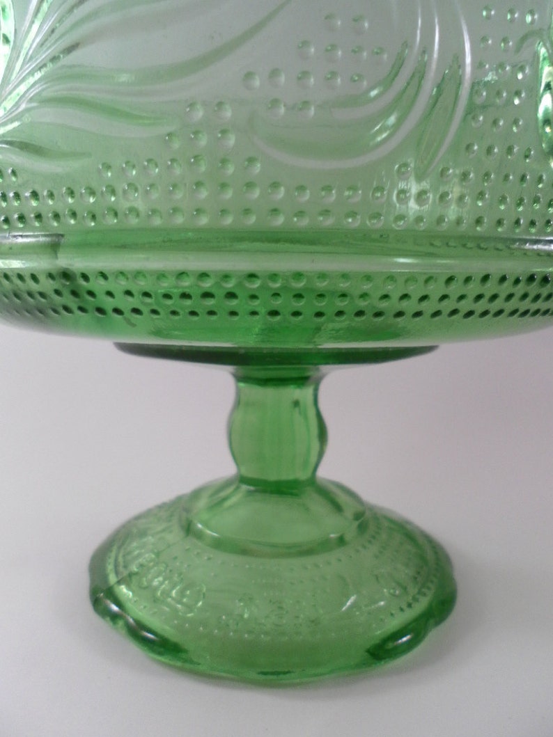 Vintage Footed Pale Green pressed Glass Dish with dots and flower detail and scallop edge with pedestal for planters decor jewelry storage image 2