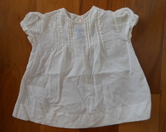 Vintage baby clothes   Tiny Infant Baby Embroidered White Dress with blue stitching  puff sleeves christening gown