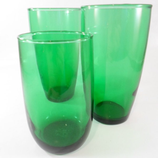 Vintage Anchor Green Glass SET of THREE Drinking Glasses  Cups Glass bright green Small Vases colored glassware barware