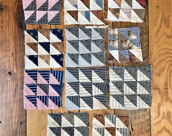 Vintage quilt squares neutral colors. SET  of 11 craft supplies primitive dolls supply  hand sewn quilt squares slow stitch