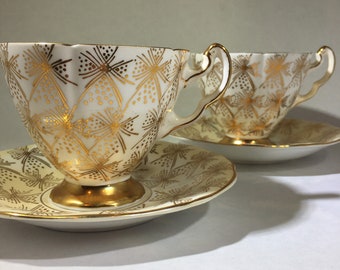 Vintage Royal Adderley Atomic pattern set of 2 fine bone china made in England pair of Teacups and Saucers mid century Ridgway Potteries