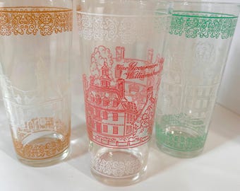 Vintage Williamsburg printed glasses  The Capital The Governors Mansion The wren house by Parish retro tableware SET of 3 tumblers