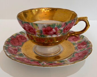 Vintage Rose and Gold  China pattern bone china  Teacup and Saucer with  glorious rose  flowers Japan tea set