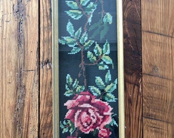 Vintage Rose needlepoint on black ground framed under glass grand millennial decor wall decor Victorian style cottage core decor