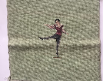 Vintage needlepoint male ballet dancer on a green olive background needlework pillow front scrap diy wall decor