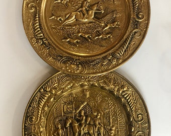 Vintage large brass round trays embossed Horse theme equestrian Riding ro the Hounds SET of TWO 1960s