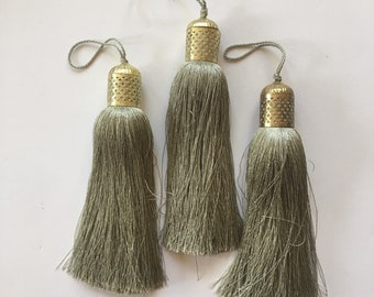 Vintage sage green tassels SET of 3 with metal accent home decor curtain Drapery tie back Cabinet  Key fob large