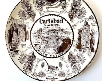 May include: A white ceramic plate with a brown design featuring illustrations of Carlsbad Caverns National Park in New Mexico. The plate includes images of the entrance to the caverns, the Temple of the Sun, the Rock of Ages, and the Giant Dam. The plate also features a roadrunner.