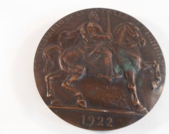 Antique 1922 Historical Metal  Large Heavy Art Deco  Bronze Commemorative  Battle with Man on Horseback Military Figure Disk from Ecuador