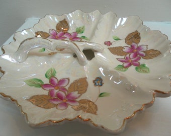 Vintage Sweet hand painted candy dish with Pink  and Yellow Roses blue flowers and gold trim Painted Fancy Dish with Handle