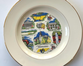 Vintage Tennessee state dish The Volunteer state   plate state plate ceramic souvenir dish plate gold trim pierced edge collectible