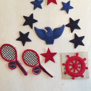 Vintage appliques patches red white and  blue nautical stars boat wheel eagle tennis racquet set sea theme parches