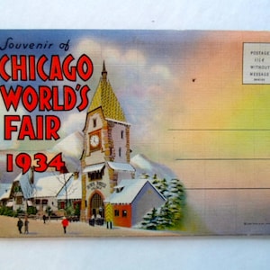 May include: A vintage postcard souvenir of the 1934 Chicago World's Fair. The postcard features a colorful illustration of a building with a clock tower and a snowy landscape. The text "Souvenir of Chicago World's Fair 1934" is printed in red.